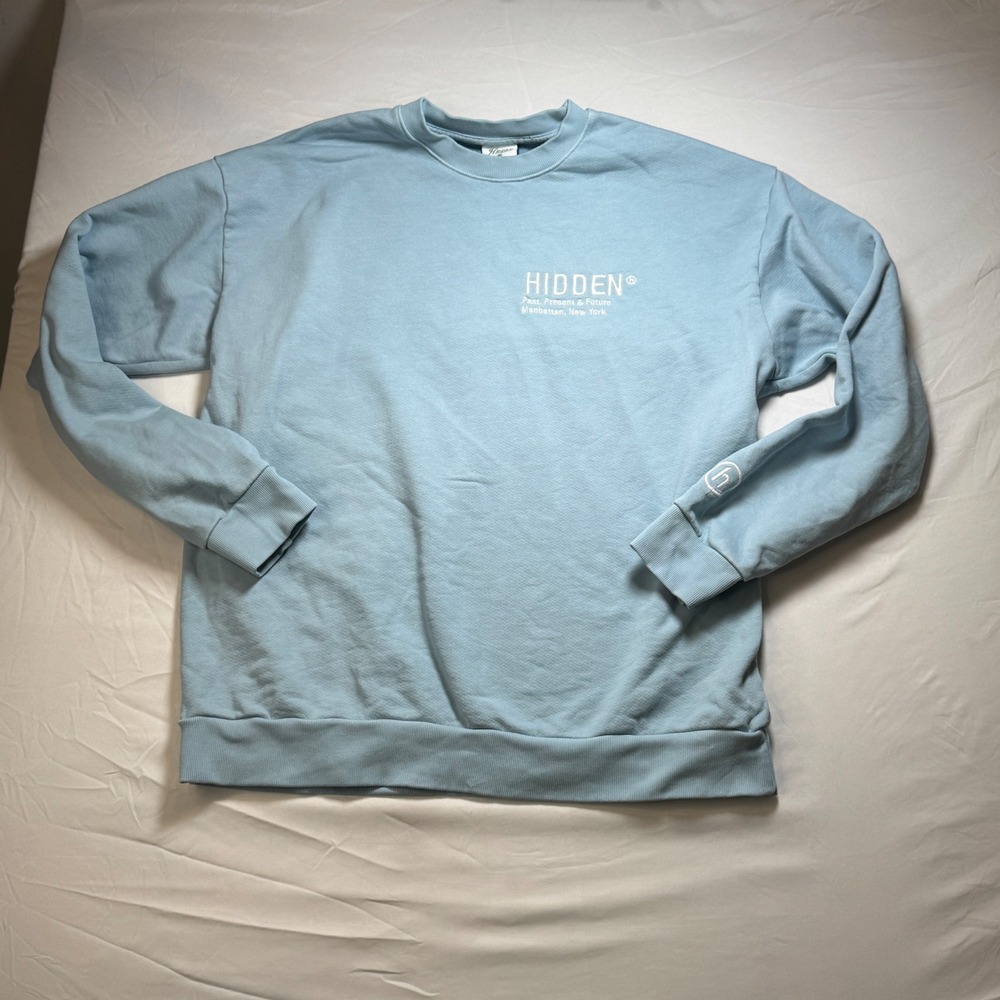 Hidden NY Crewneck Sweatshirt Past Present Future Blue Mens Medium Made in USA